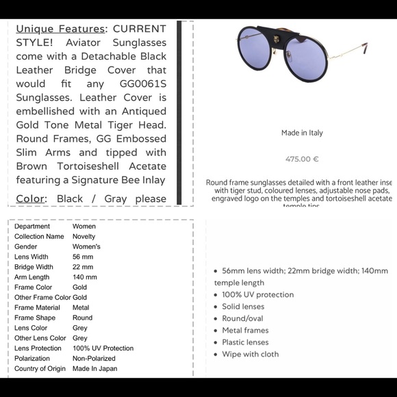 GUCCI UNISEX ROUND SUNGLASSES WITH DETACHABLE BLACK LEATHER & LOGO TIGER HEAD - Picture 11 of 16